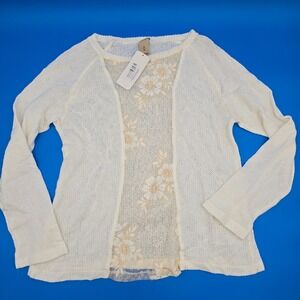 Okoche 100% Cotton Sheer Floral Knit Pullover Sweater NWT White Boho S/40